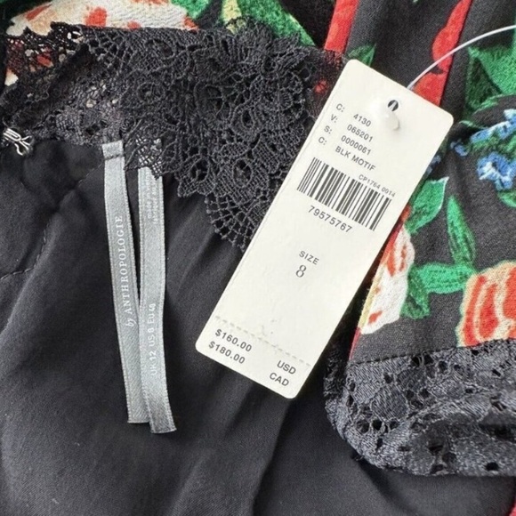 NWT Anthropologie Lacy V-Neck Mini Dress 8 Black Floral Long Sleeve Fit & Flare - Picture 11 of 12